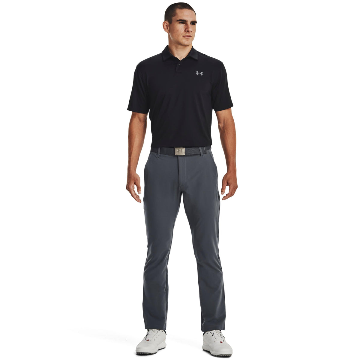 Under Armour Matchplay pants in pitch gray, back-hem shot highlighting durable fabric.