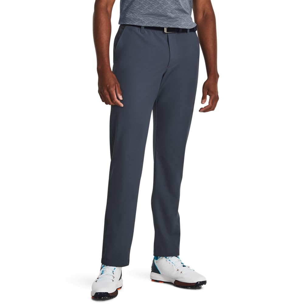Under Armour men's Drive tapered pants in downpour gray, front view showcasing sleek fit.