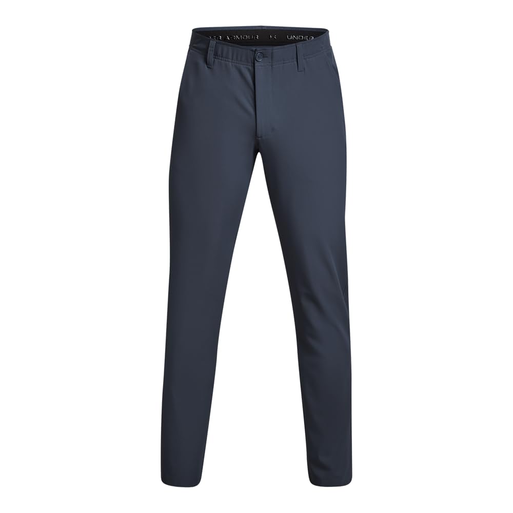 Under Armour men's Drive tapered pants, downpour gray, knit fabric close-up showing stretch.