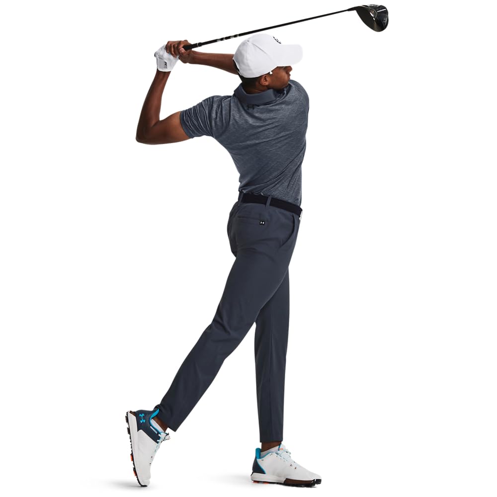 Under Armour men's Drive tapered pants, downpour gray, side pocket detail for practicality.