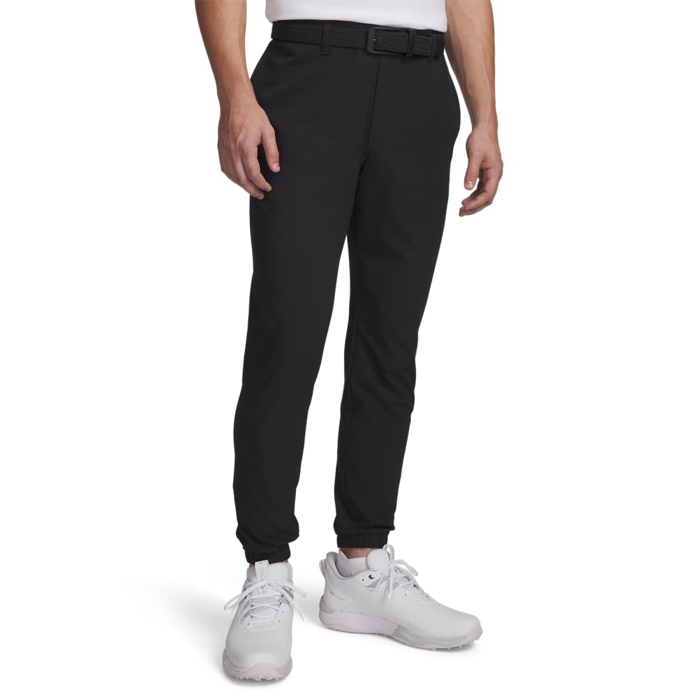 Under Armour men's golf joggers in black, front view, flexible motion for all swings.