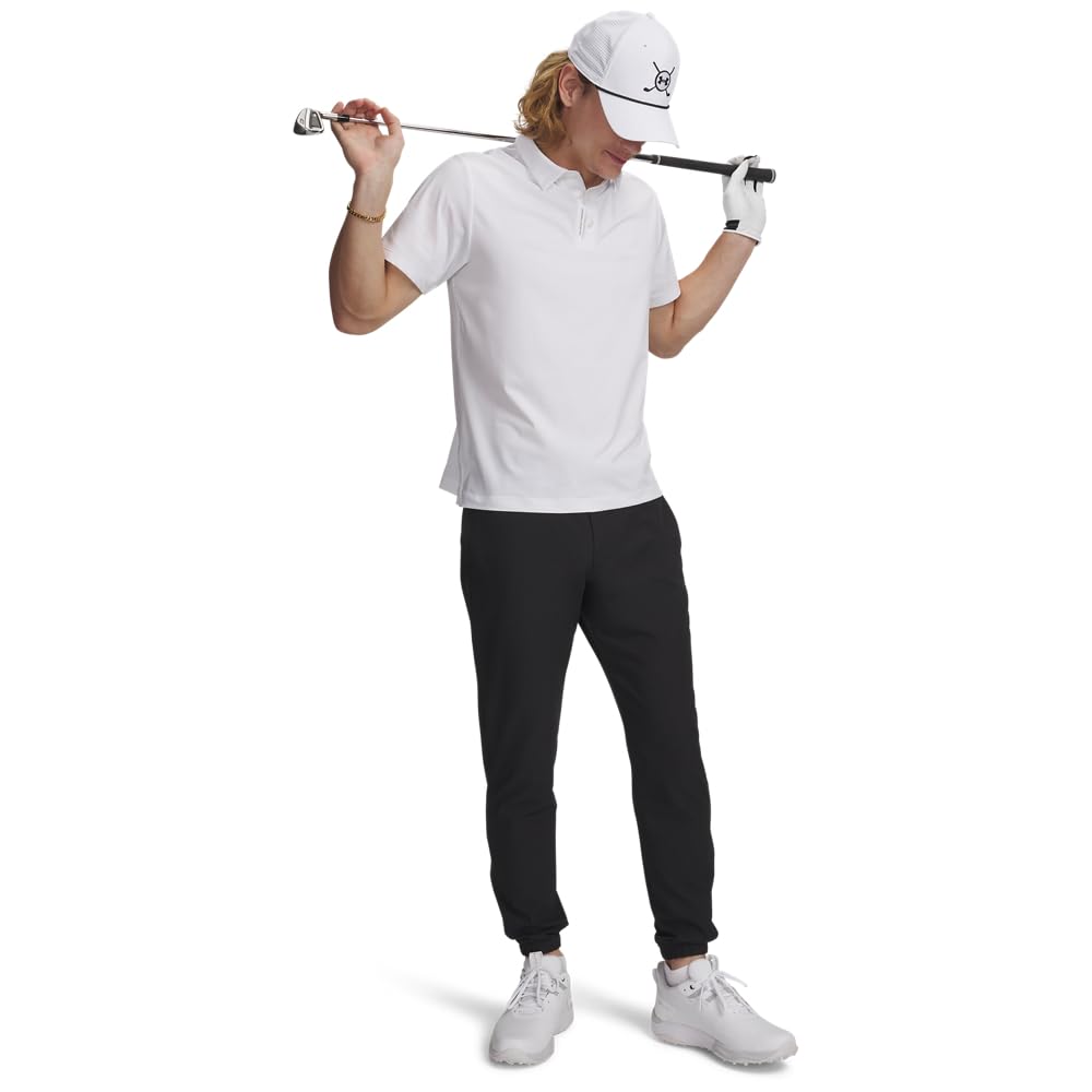 Under Armour men's golf joggers highlight stretch waistband and streamlined fit for training.