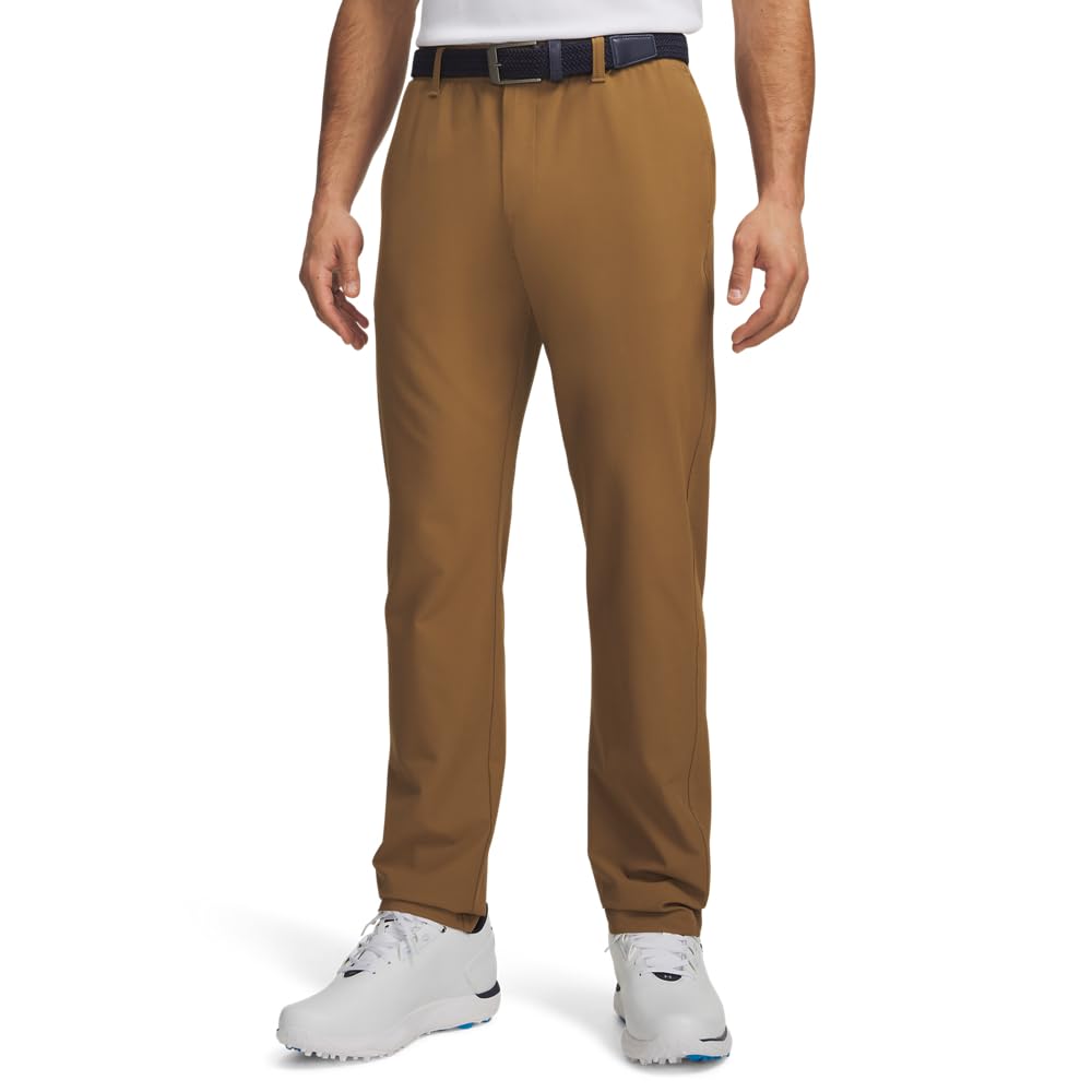 Under Armour men's golf tapered pants in Coyote, front view, flexible for full range of motion.