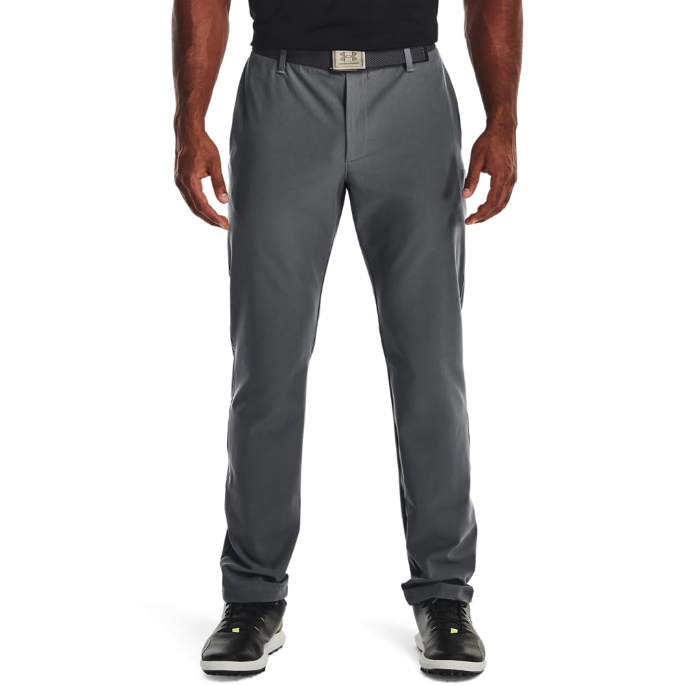 Under Armour men's golf tapered pants front view in pitch gray for on-course comfort
