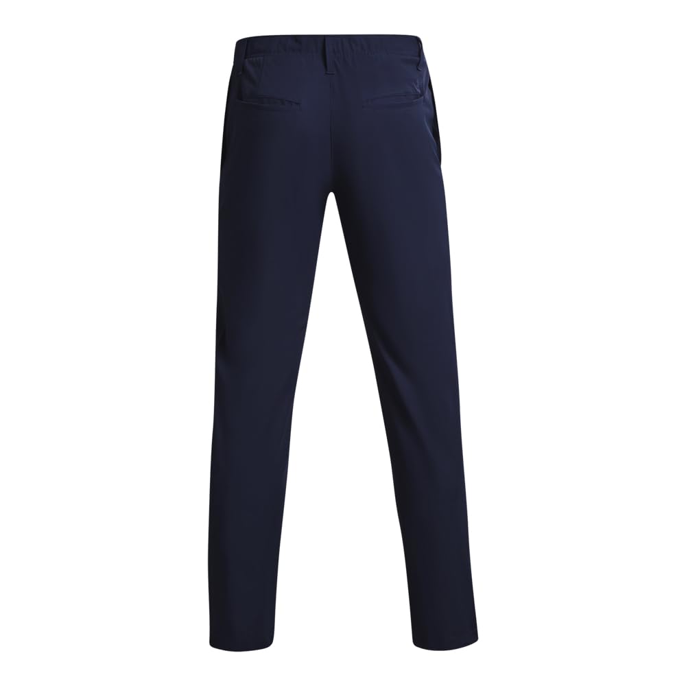 Under Armour waistband closeup on midnight navy tapered pants for secure fit