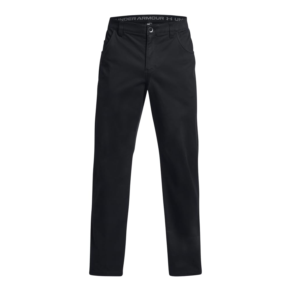 Under Armour black pants back pocket detail shows secure storage on trips.