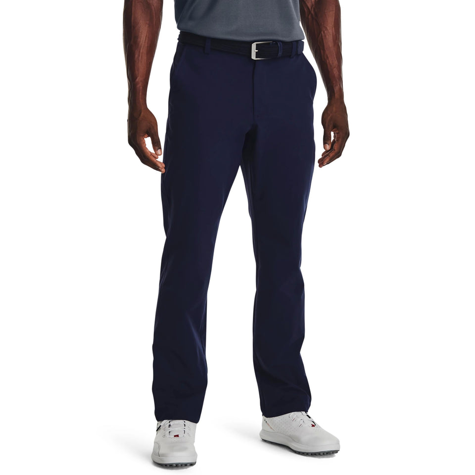 Under Armour Men's Straight Leg Tech Pants front view in Midnight Navy for workout comfort