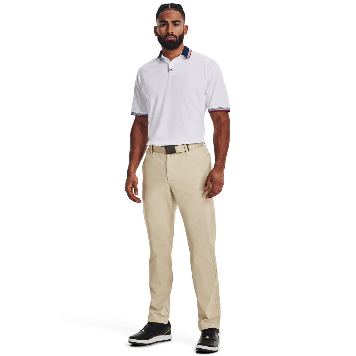 Under Armour Storm-treated pants in khaki base image showing water-repellent, breathable protection in light rain.