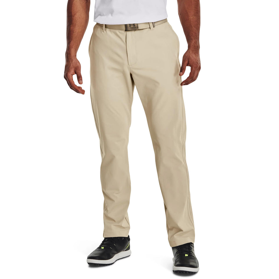 Under Armour Iso-Chill pants front view in khaki base showing breathable, heat-diffusing comfort.