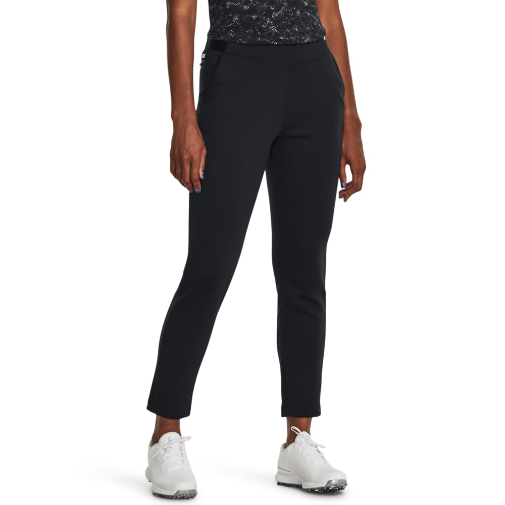 Under Armour Women's Links Pull-On Pant front view in black, breathable fabric for workouts.