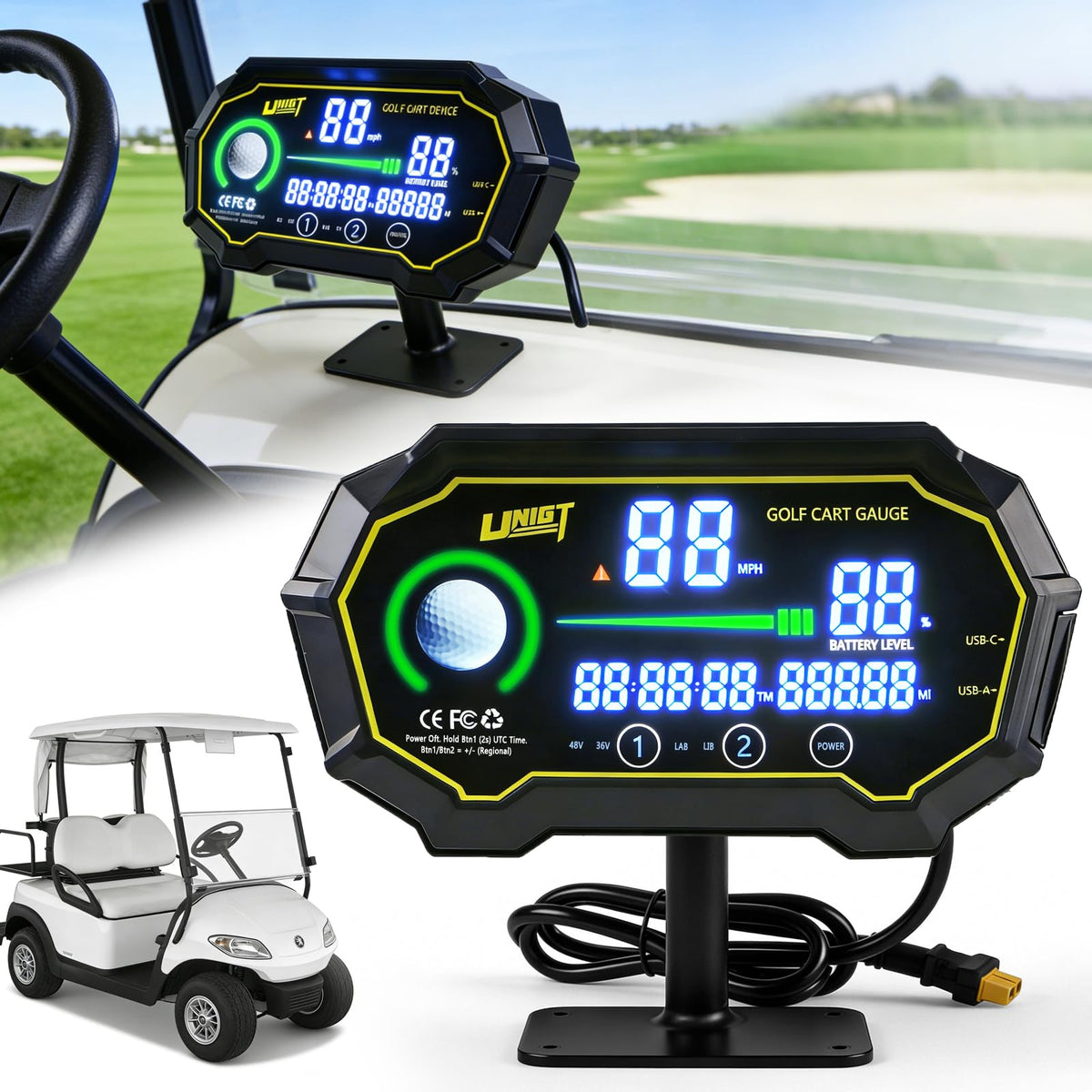 UNIGT Golf Cart Gauge display shows speed and battery at a glance