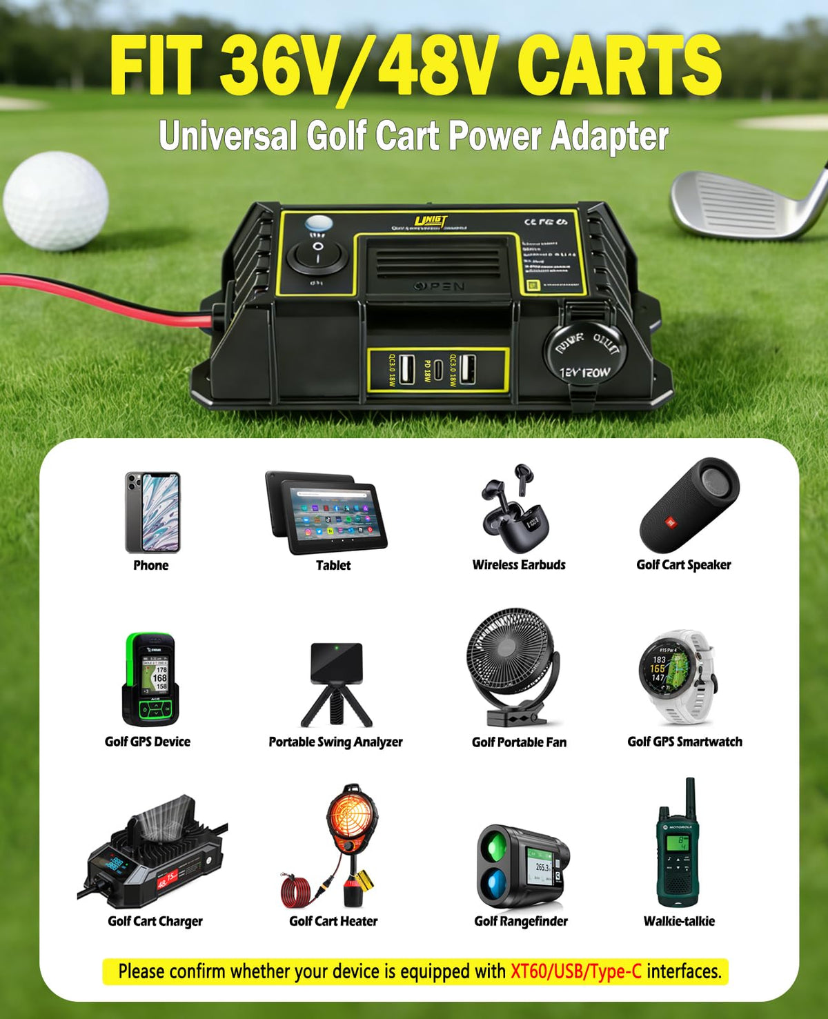 UNIGT golf cart QC3 USB-A ports support fast charging on the course.
