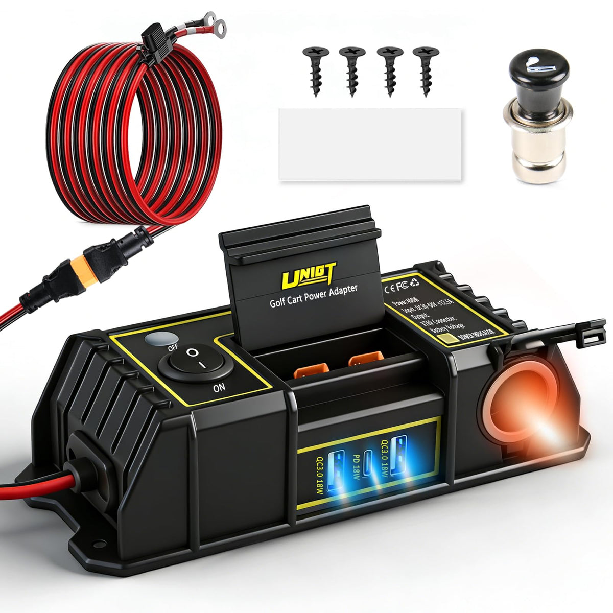 UNIGT golf cart USB charging port front view, ideal for on-course charging.