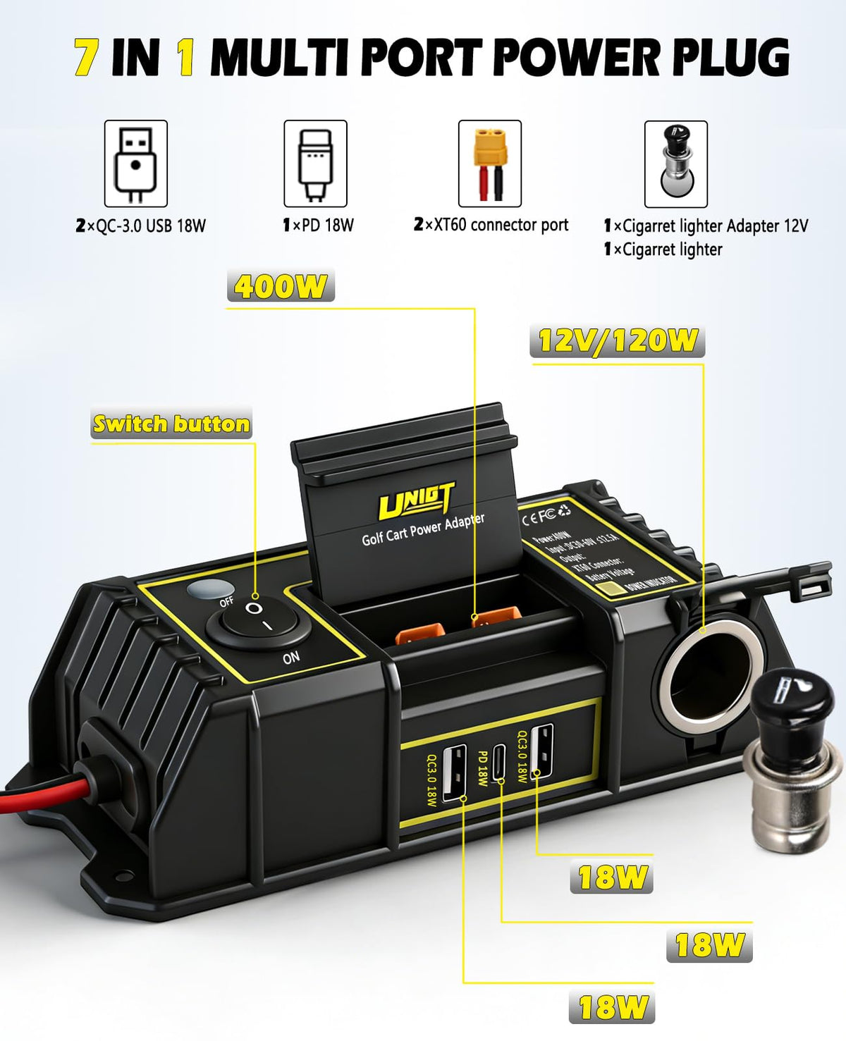 UNIGT golf cart XT60 outputs side ports powering heaters or drones.