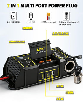 UNIGT golf cart XT60 outputs side ports powering heaters or drones.