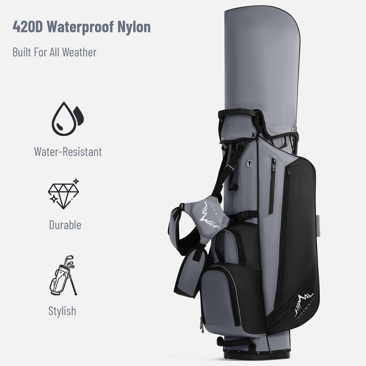 uniHimal 8-Way Stand Bag cooler pocket keeps beverages cool during round.