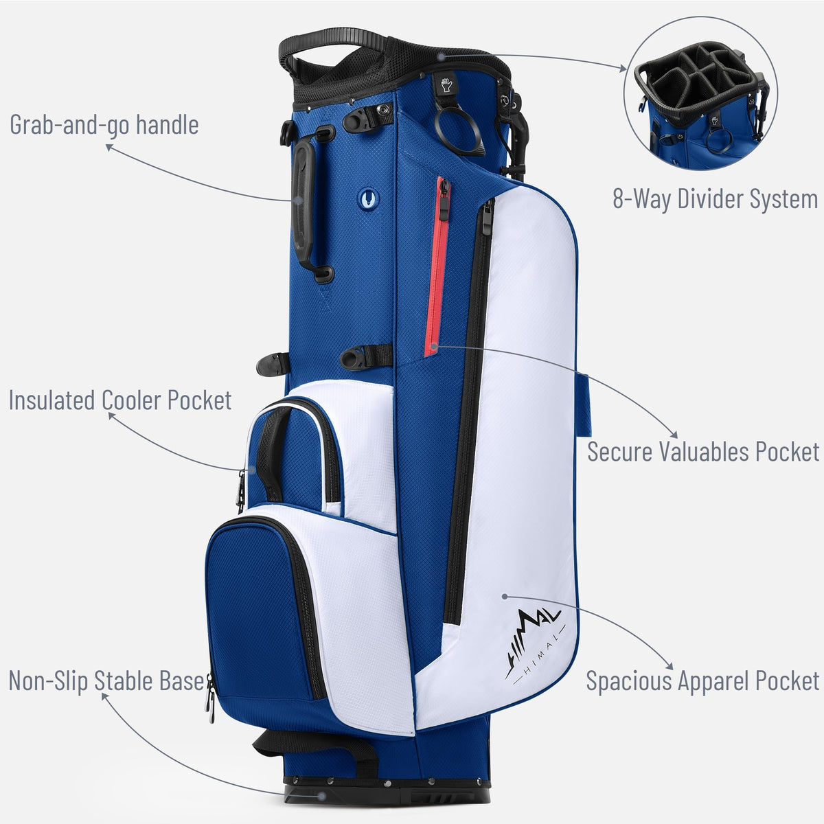 UniHimal 8-Way Stand Bag shows ergonomic dual-strap carry for comfortable all-day walking