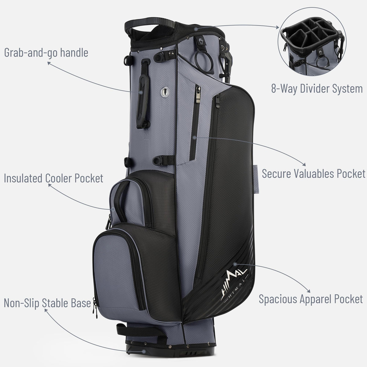 uniHimal 8-Way Stand Bag side pocket access keeps essentials within reach.