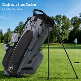 uniHimal 8-Way Stand Bag auto-stand base stays stable on uneven turf.