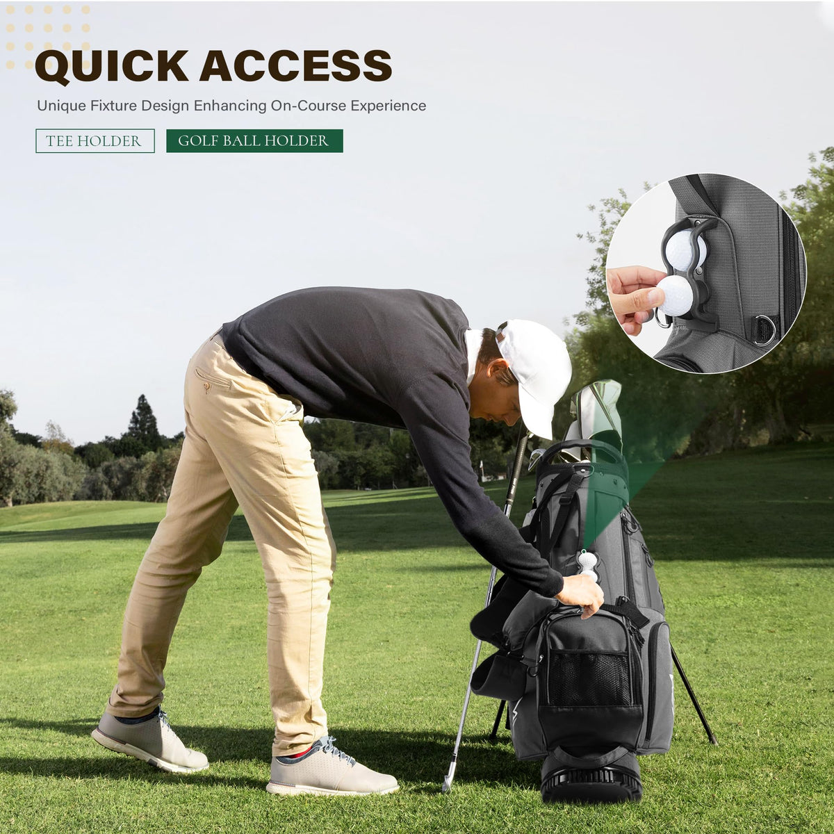 uniHimal cooler pocket keeps drinks or snacks within reach on the course.