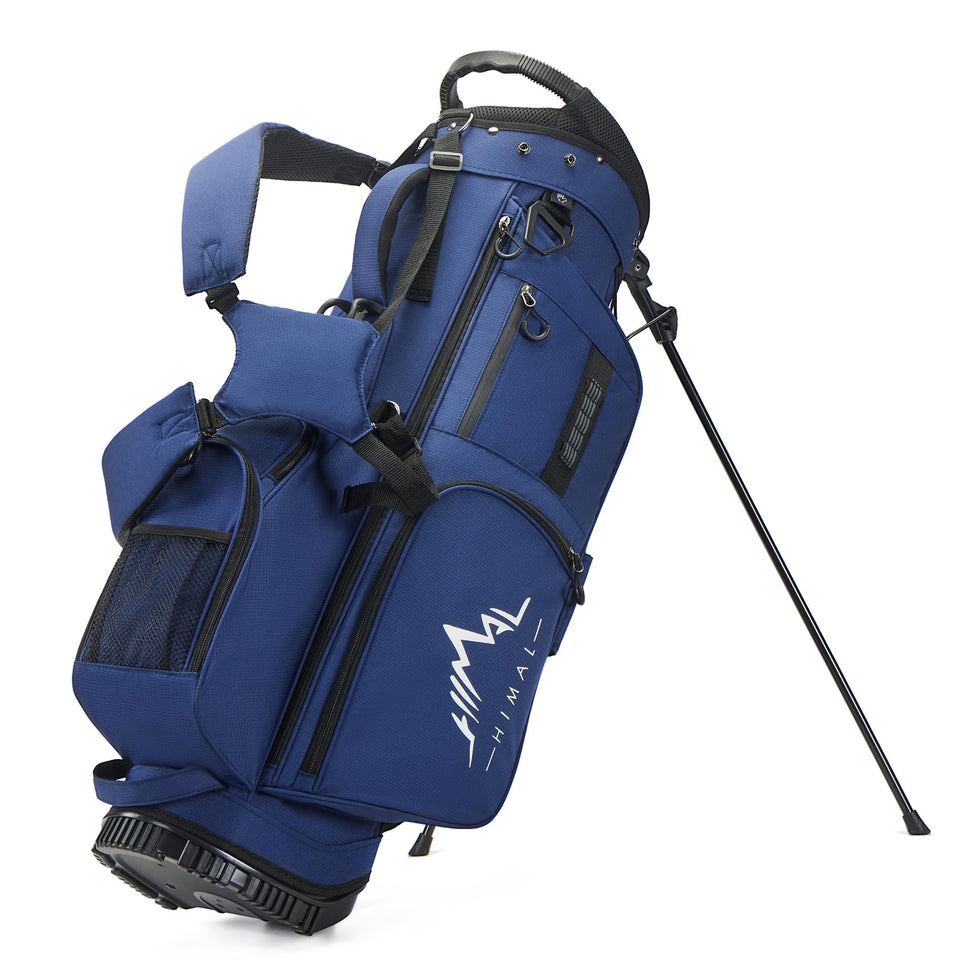 UniHimal golf stand bag blue front view shows organized clubs with 7-way dividers.