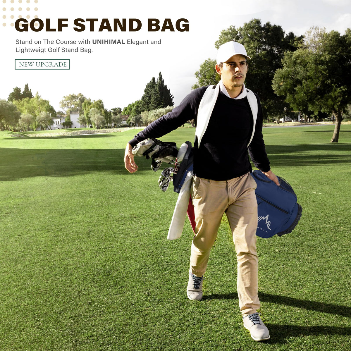 UniHimal blue stand bag with towel ring and gloves attachment.