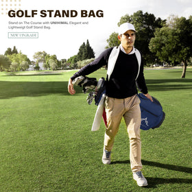 UniHimal blue stand bag with towel ring and gloves attachment.
