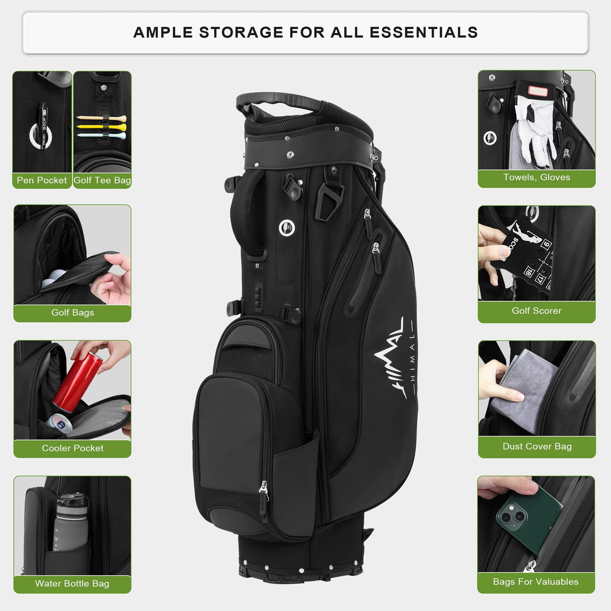UniHimal 8-pocket storage keeps gear tidy and within reach on course