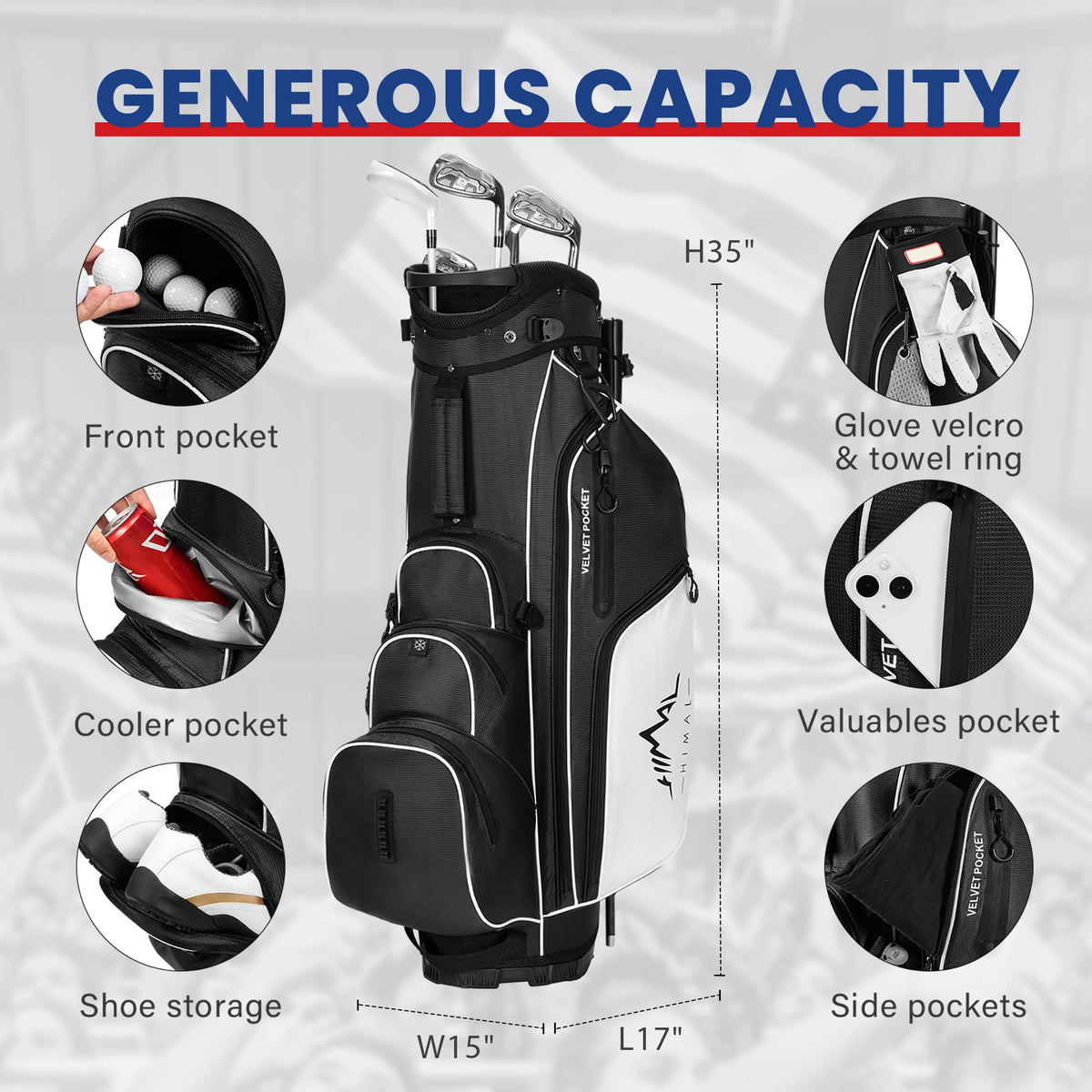 UNIHIMAL pocket layout demonstrates eight compartments for gear, balls, and valuables