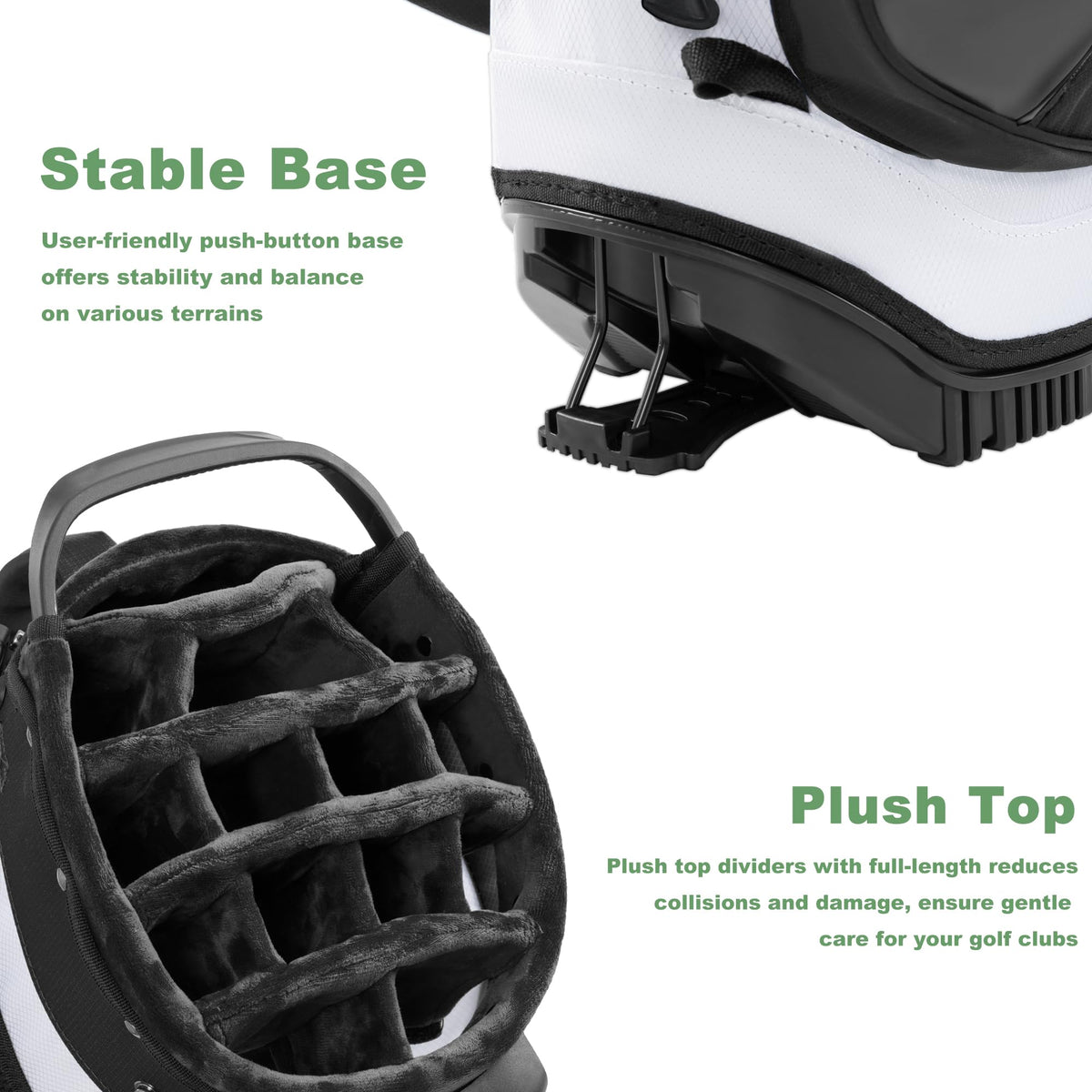 UniHimal plush-lined-top protects clubs and reduces friction during loading.