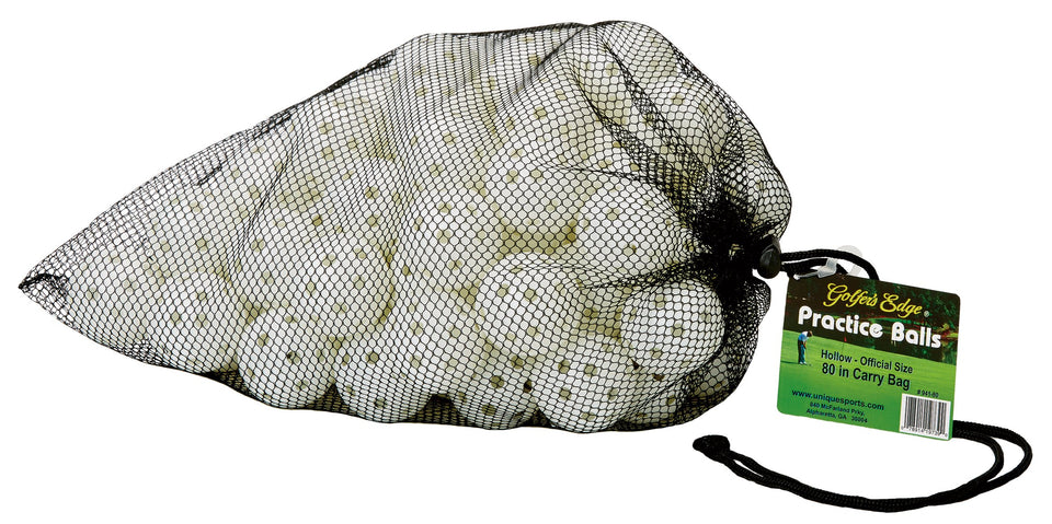 Unique Sports practice golf balls with holes for realistic flight in a mesh tote bag.