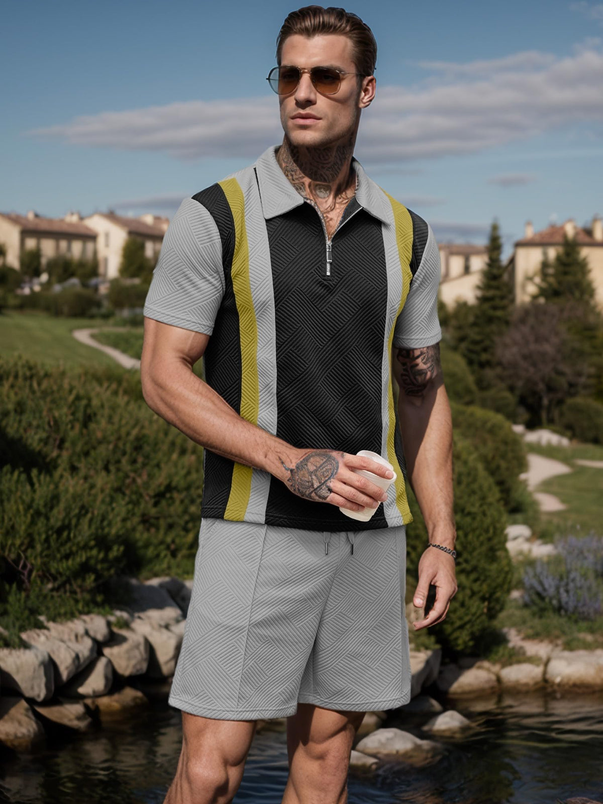 UOUA men's short sets polo collar detail highlighting refined style.
