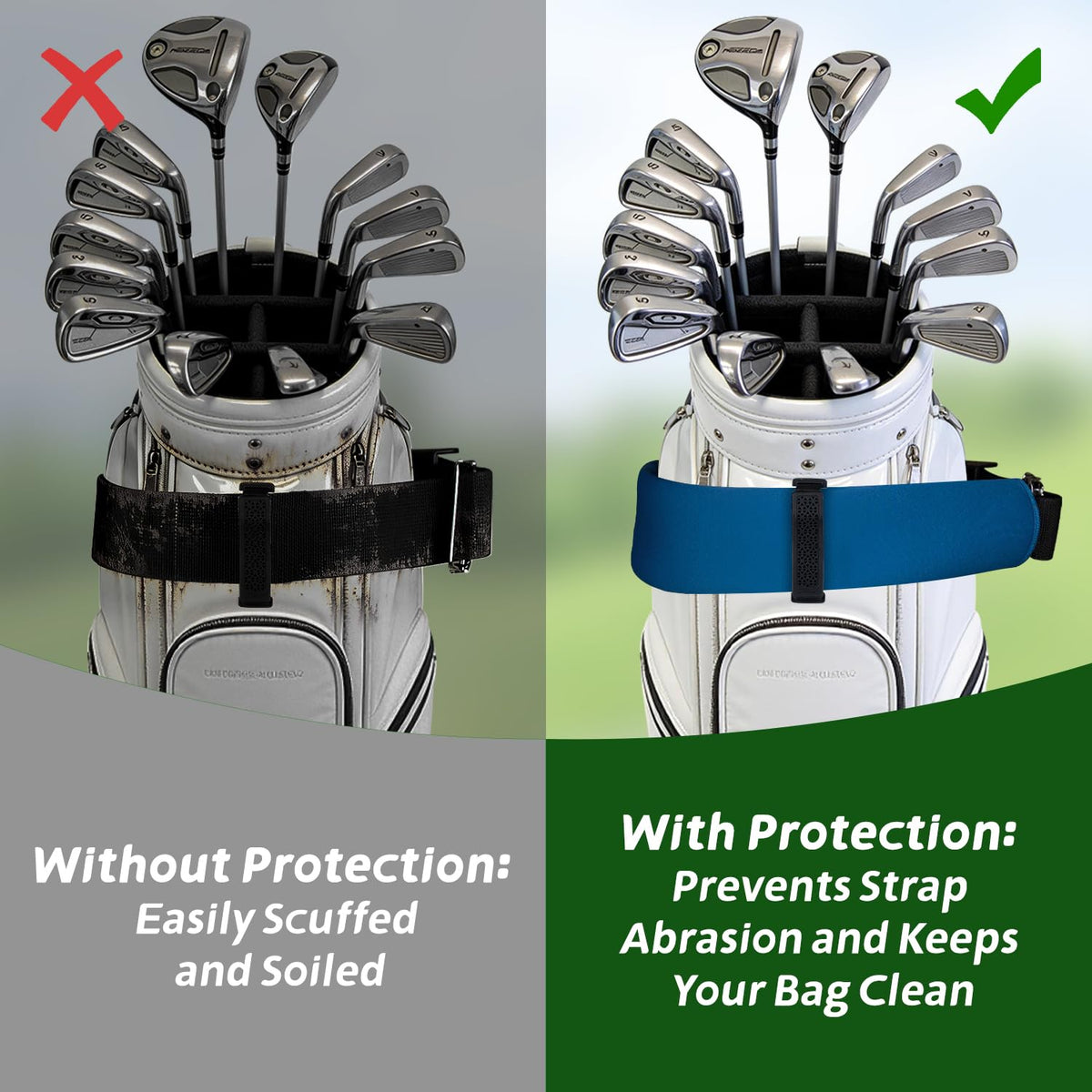 Urgown strap sleeve installs quickly with no tools for instant cart-bag protection.