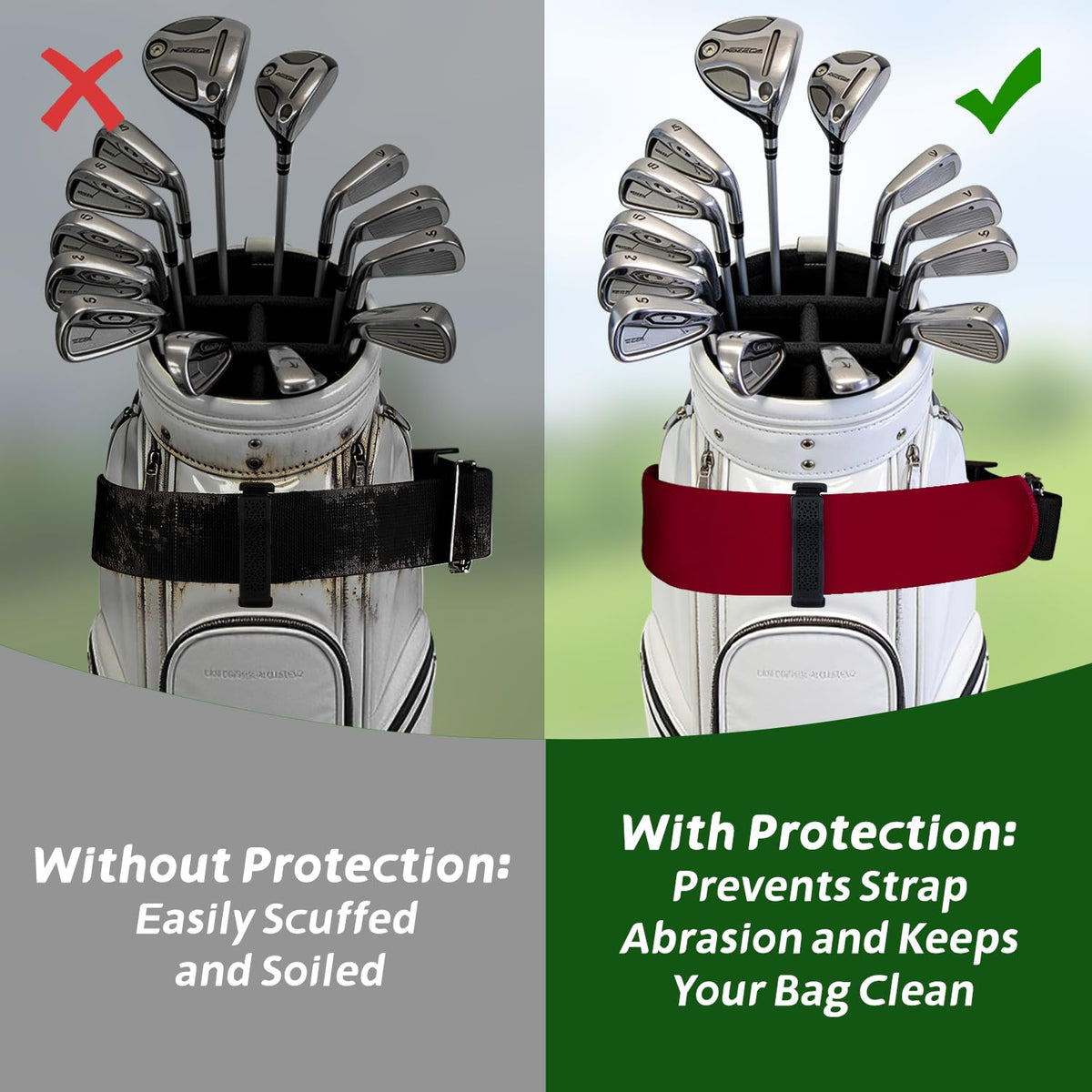 Easy installation shows sleeve sliding onto strap with no tools.