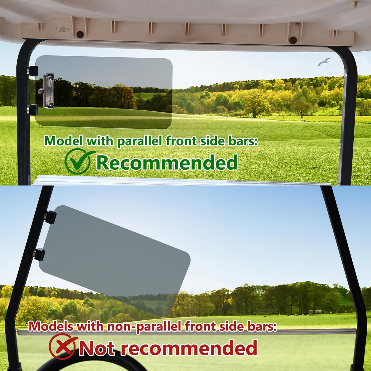 Urgown front-bar mount visor offers flexible placement on golf carts.