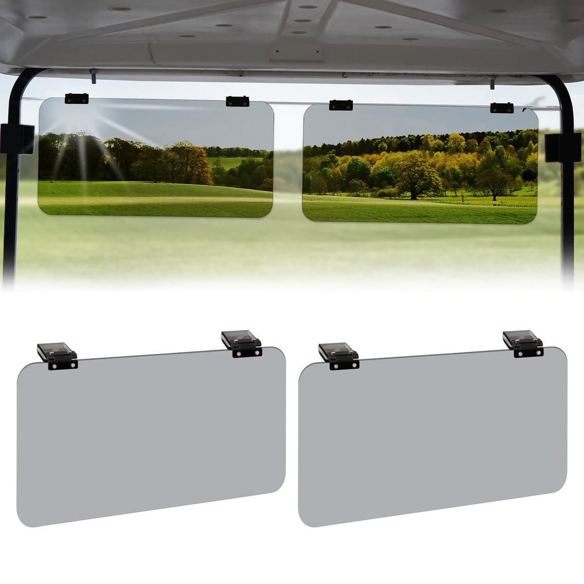 Urgown golf cart sun visor attached to windshield edge for glare reduction.