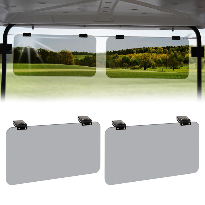Urgown golf cart sun visor attached to windshield edge for glare reduction.