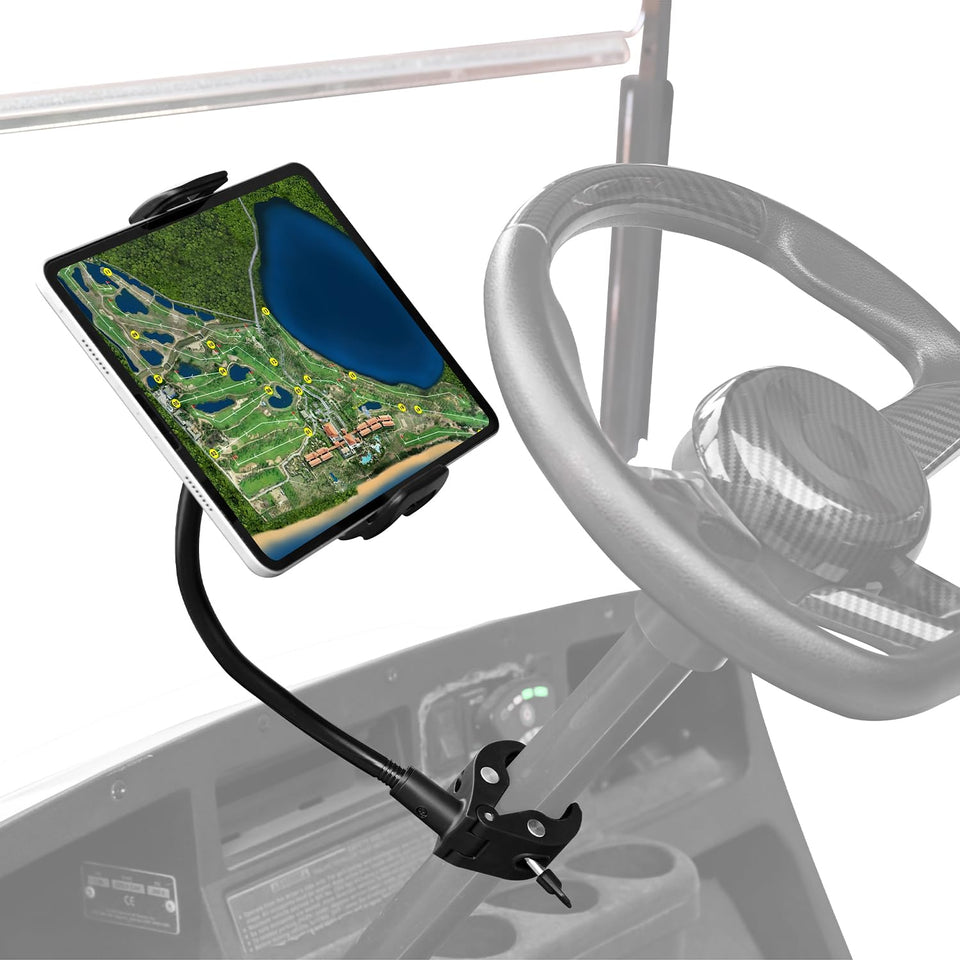 Urgown golf cart tablet holder with extended arm keeps devices secure on the course.