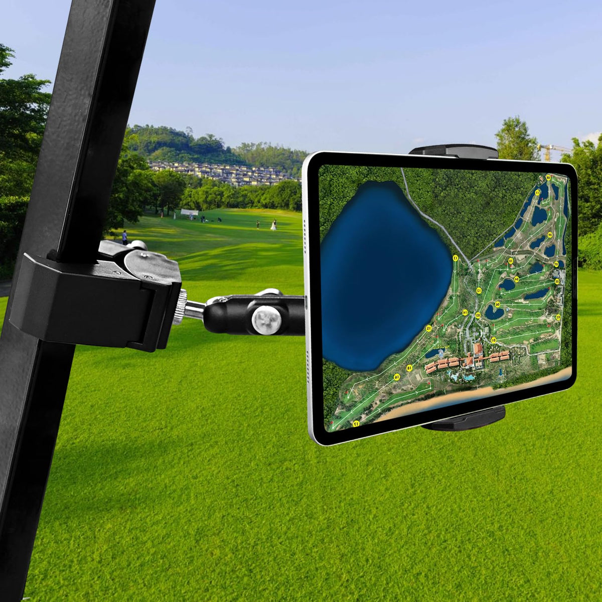 Urgown golf cart tablet holder mounted on side pole for secure device grip