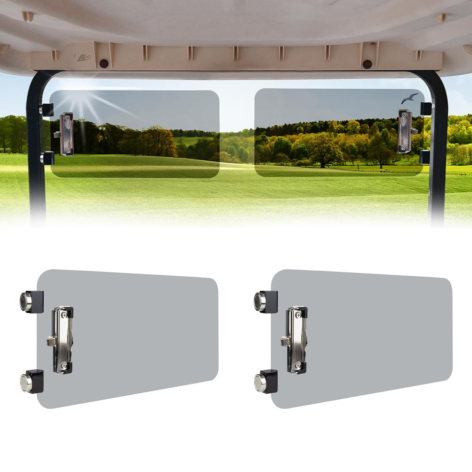 Urgown magnetic golf cart sun visor on front post provides glare reduction.