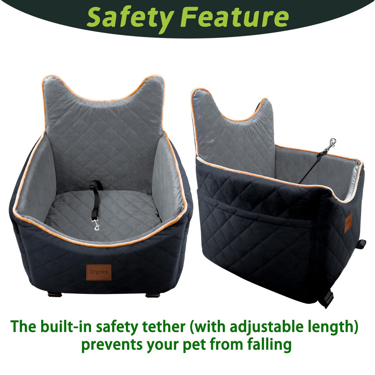 Urgown seatbelt safety feature keeps pets secure during golf cart rides.