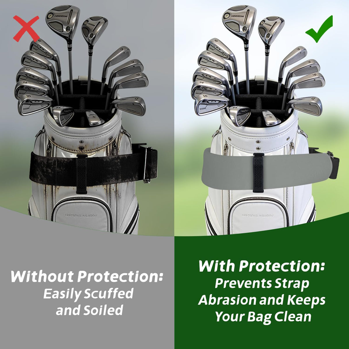 Urgown universal fit works with standard golf cart straps and bags.