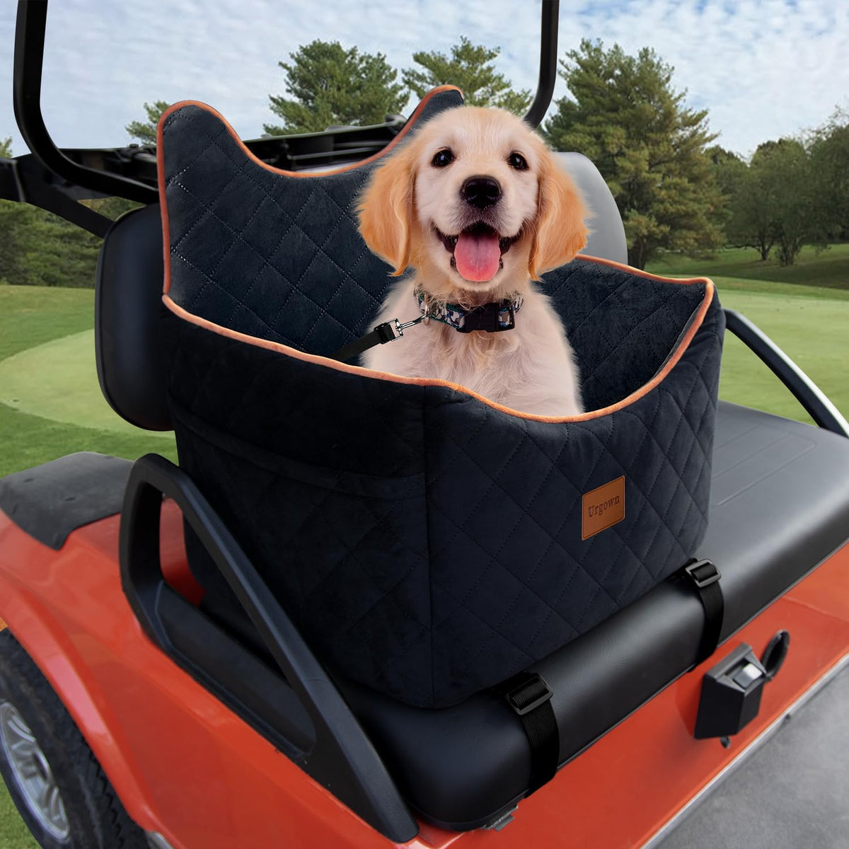 Urgown universal golf cart dog seat assembly showing secure fit for EZGO, Club Car and Yamaha.