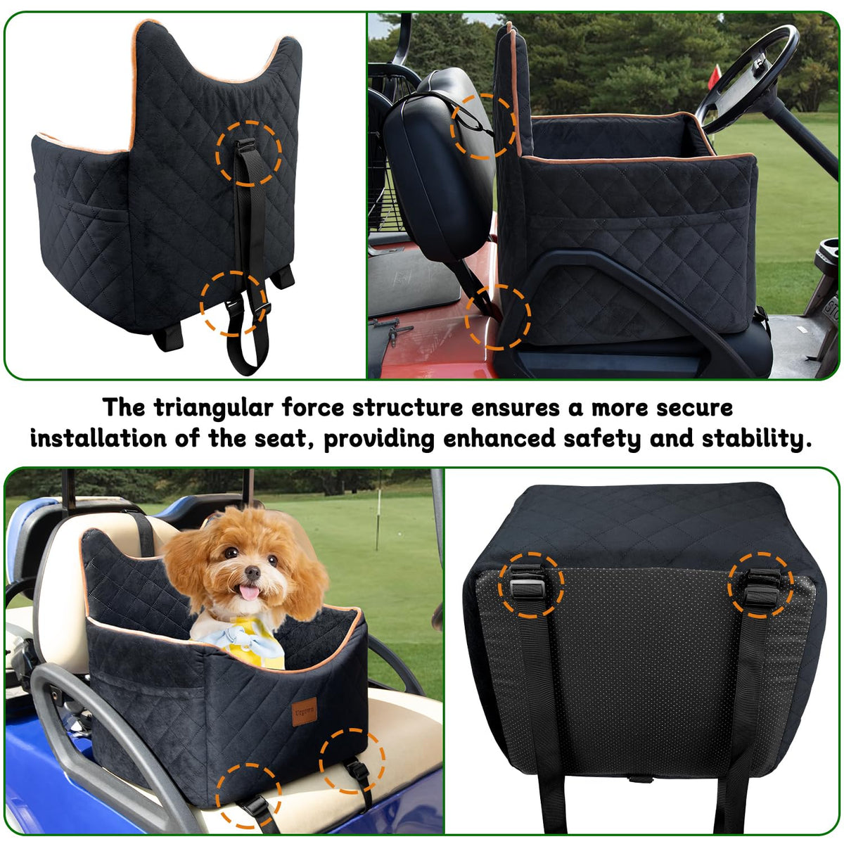 Urgown dog seat with buckle and belt near steering wheel for quick secure setup.