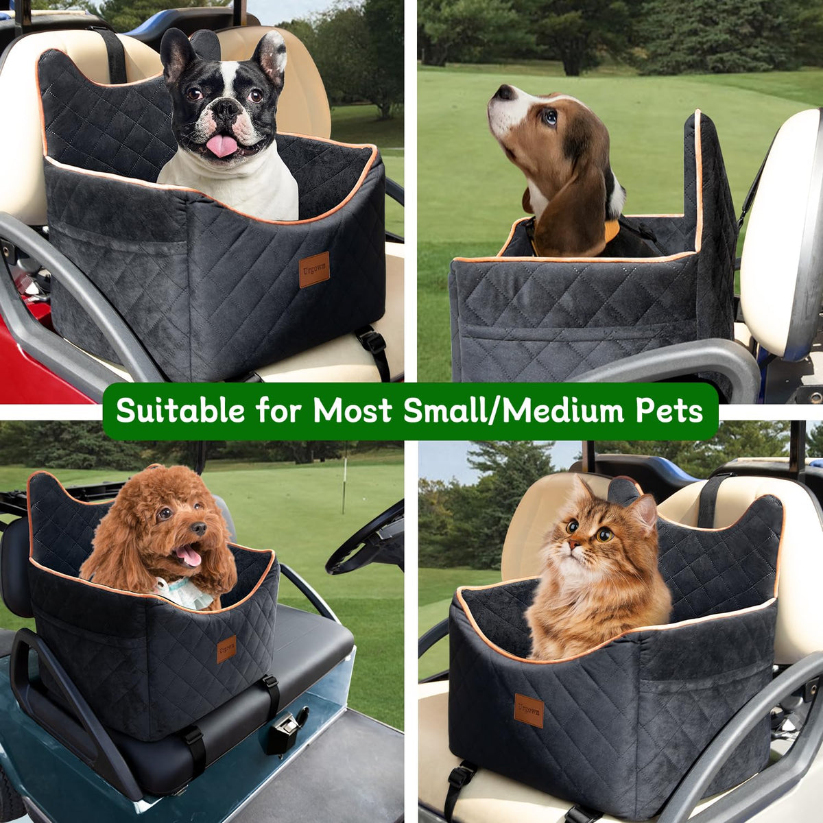 Urgown seat secures with triangular frame for stability on carts.