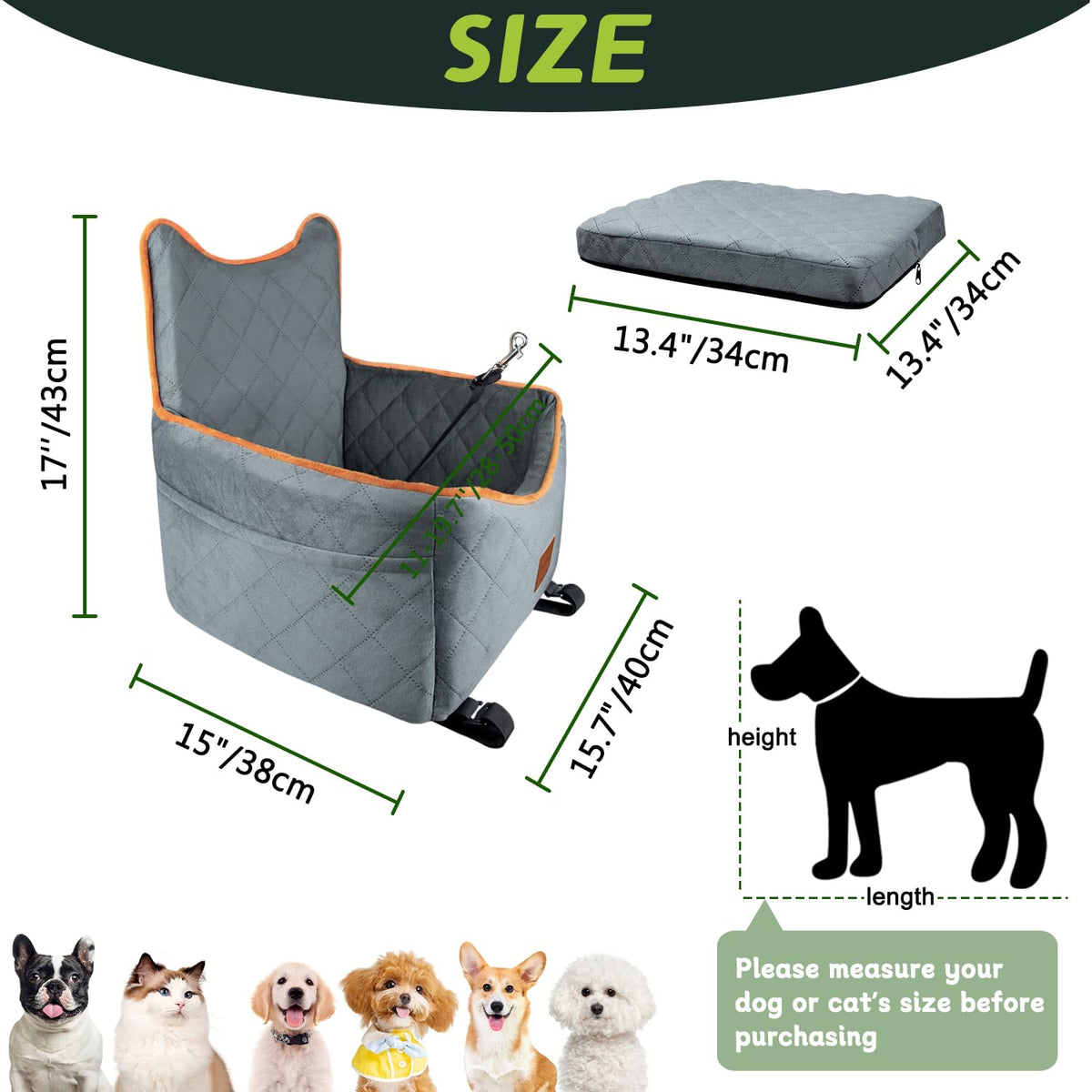 Urgown dog seat gray removable fabric cover for quick washing after trips