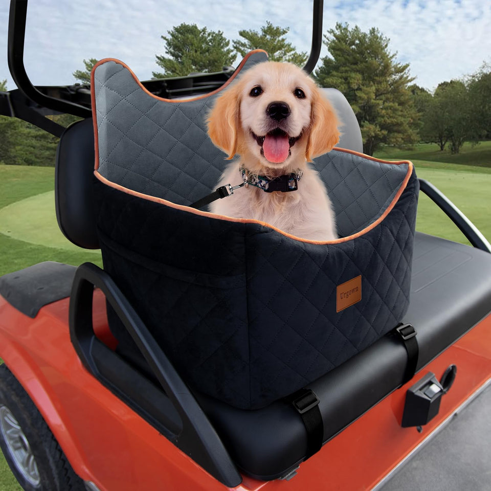 Urgown universal golf cart seat installed on a cart with a small dog for secure travel.