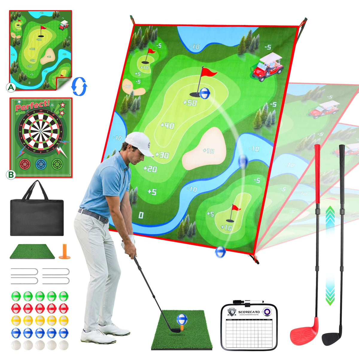 URUQ 2-in-1 golf chipping game set practice mat for versatile short-game training