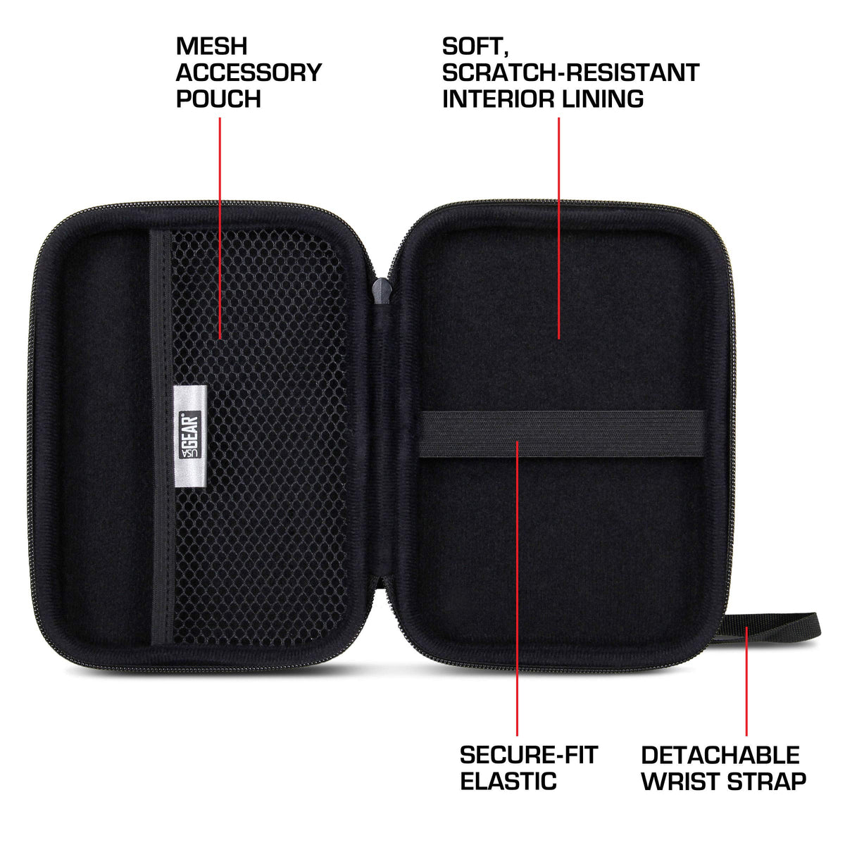 USA Gear Golf Launch Monitor Case elastic strap secures the device during travel