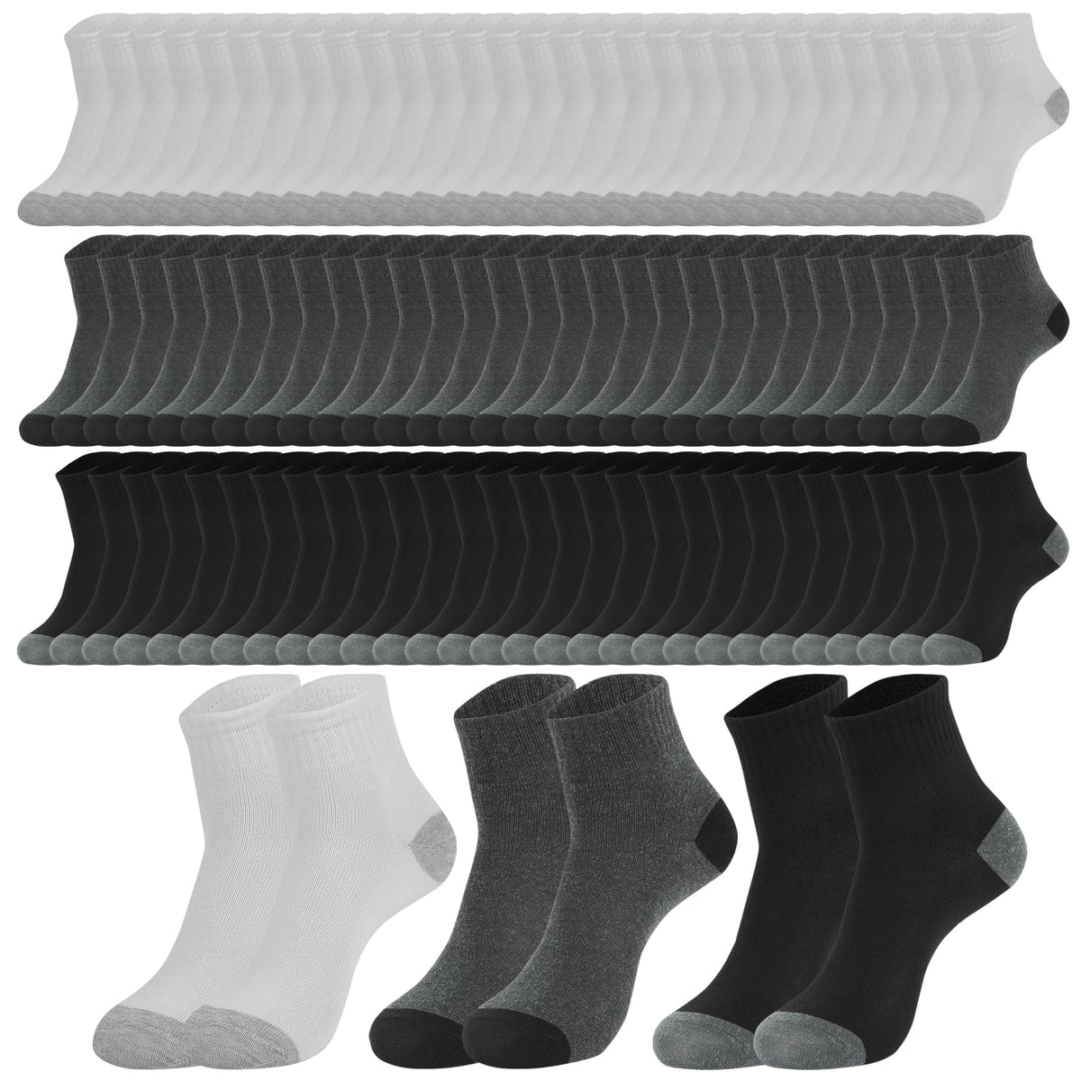 Usavemo quarter socks bulk pack shows 150 pairs for versatile daily wear.